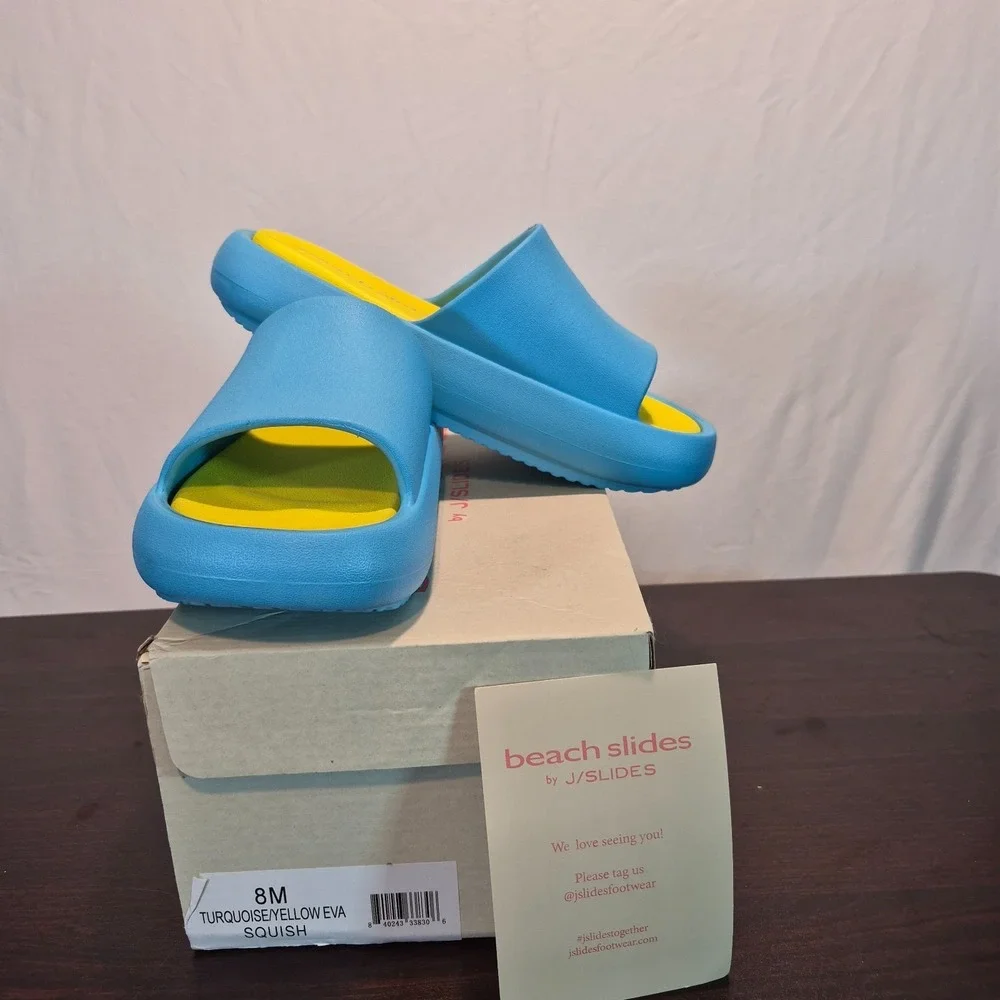 New In Box Beach Slides By J/Slides Blue/Yellow Eva Squish S-8 Chunky Minimalist